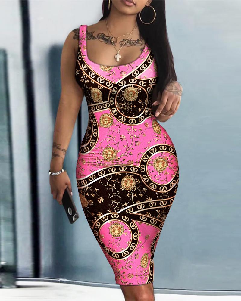 

Plus Size Scarf Print Sleeveless Bodycon Dress, Multicolor