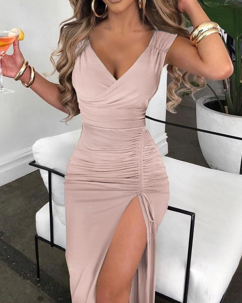 

Drawstring Ruched High Slit Party Dress, Pink