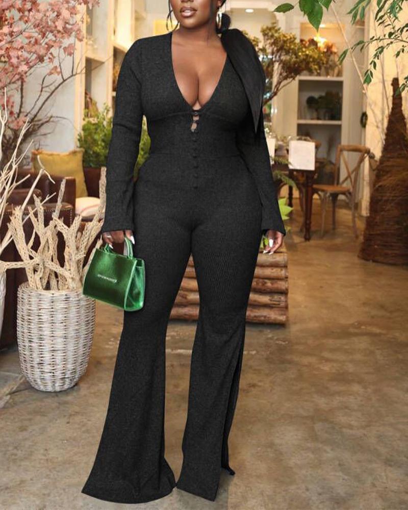 

Ribbed V-Neck Button Detail Split Hem Jumpsuit, Black