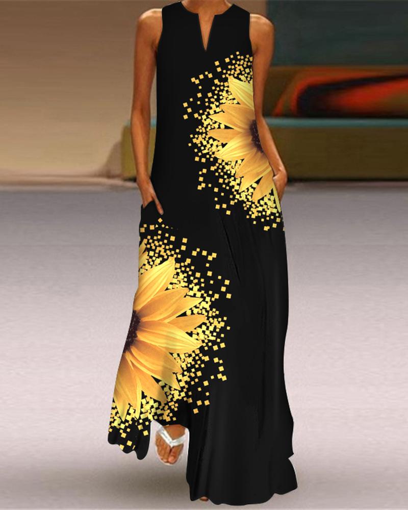 

Sunflower Print Sleeveless Maxi Dress, Black