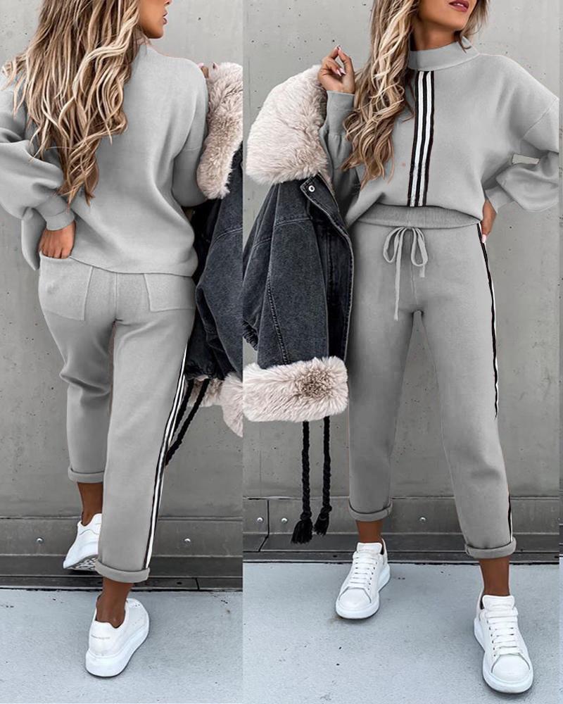 

Striped Tape Lantern Sleeve Top & Drawstring Pants Set, Gray