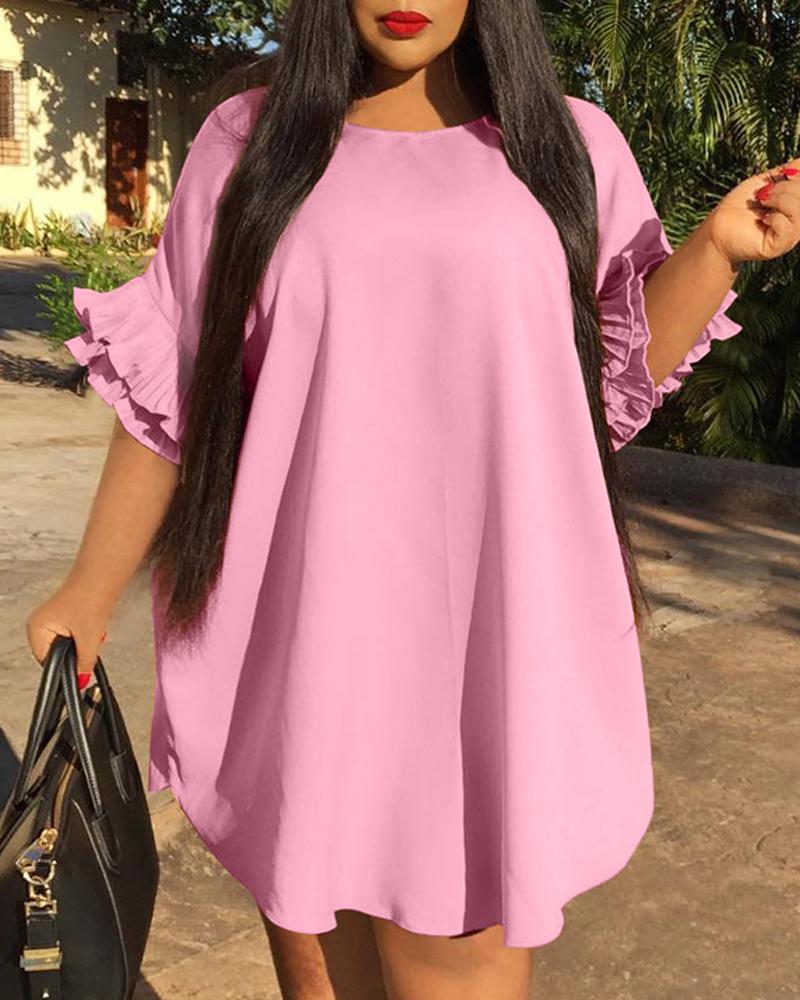 

Plus Size Bell Sleeve Curved Hem Casual Dress, Pink