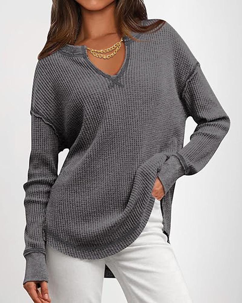 

Waffle Knit Notch Neck Long Sleeve Top Slit Casual Pullover Tee with Detachable Chain, Gray