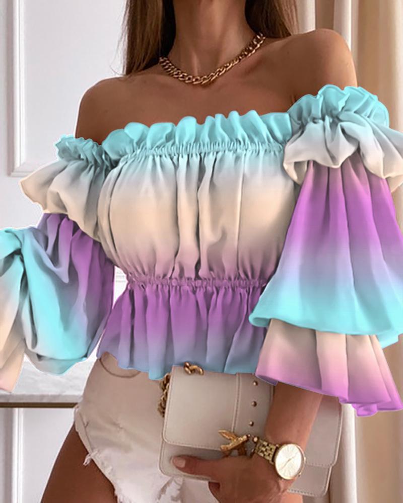 

Ombre Off Shoulder Frill Hem Peplum Top, Multicolor