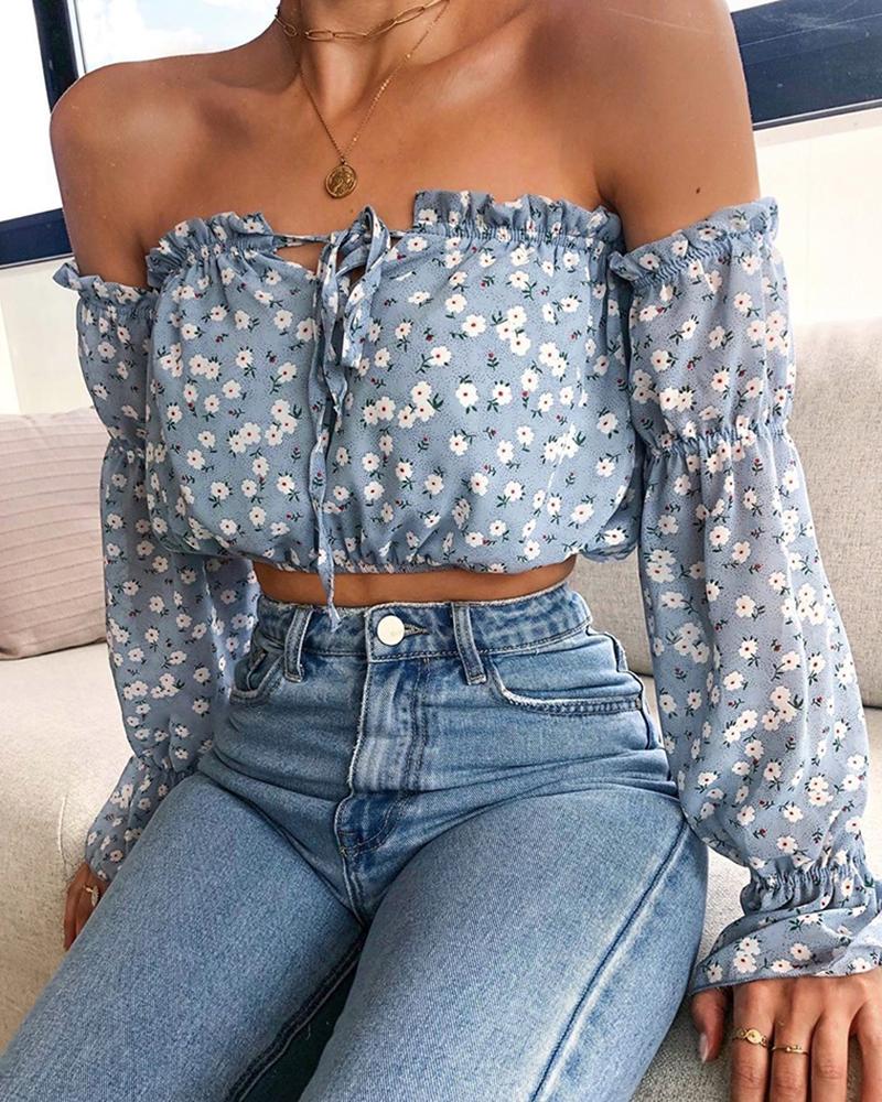 

Off Shoulder Floral Print Tied Detail Blouse, Blue