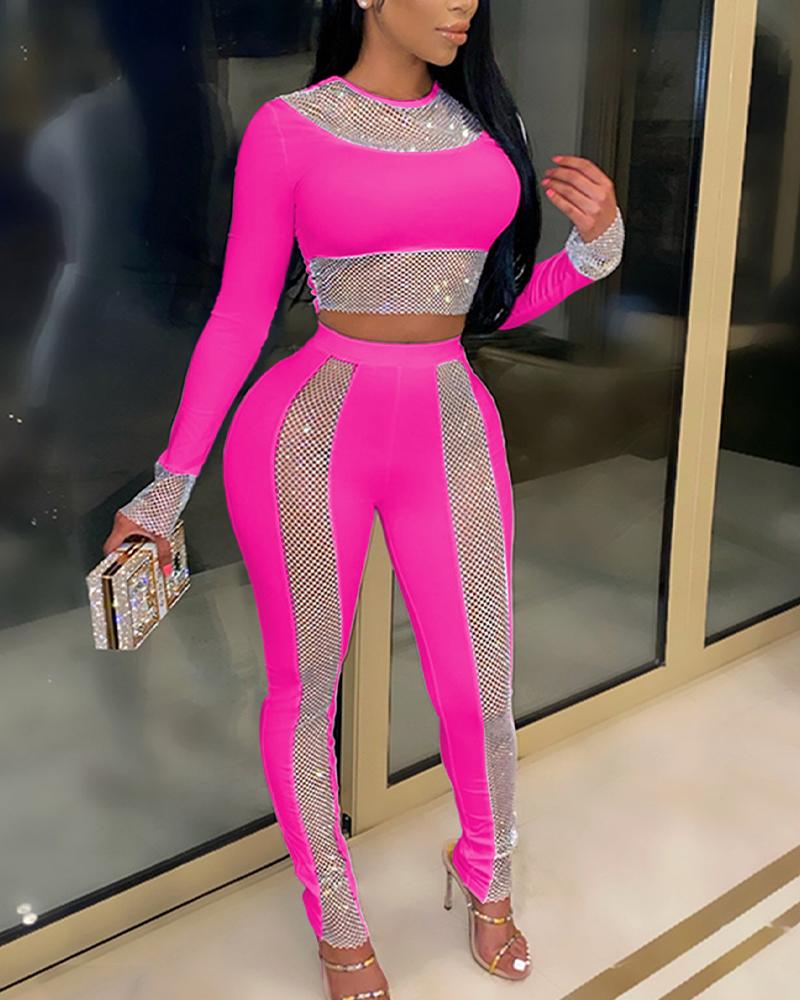 

Rhinestone Crop Top & Pencil Pants Set, Hot pink
