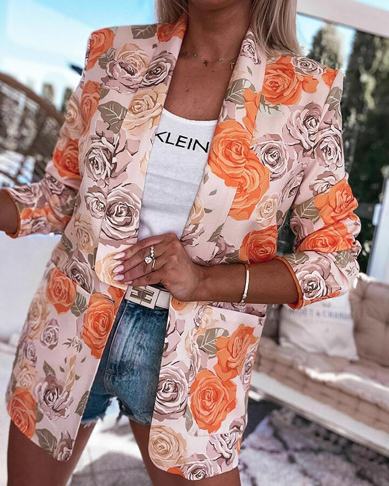 

Floral Print Shawl Collar Long Sleeve Blazer, Orange