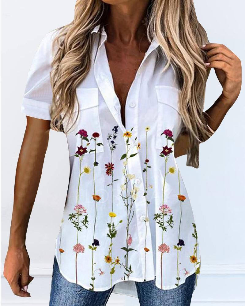 

Colorblock Floral Print Button Down Shirt, Style2