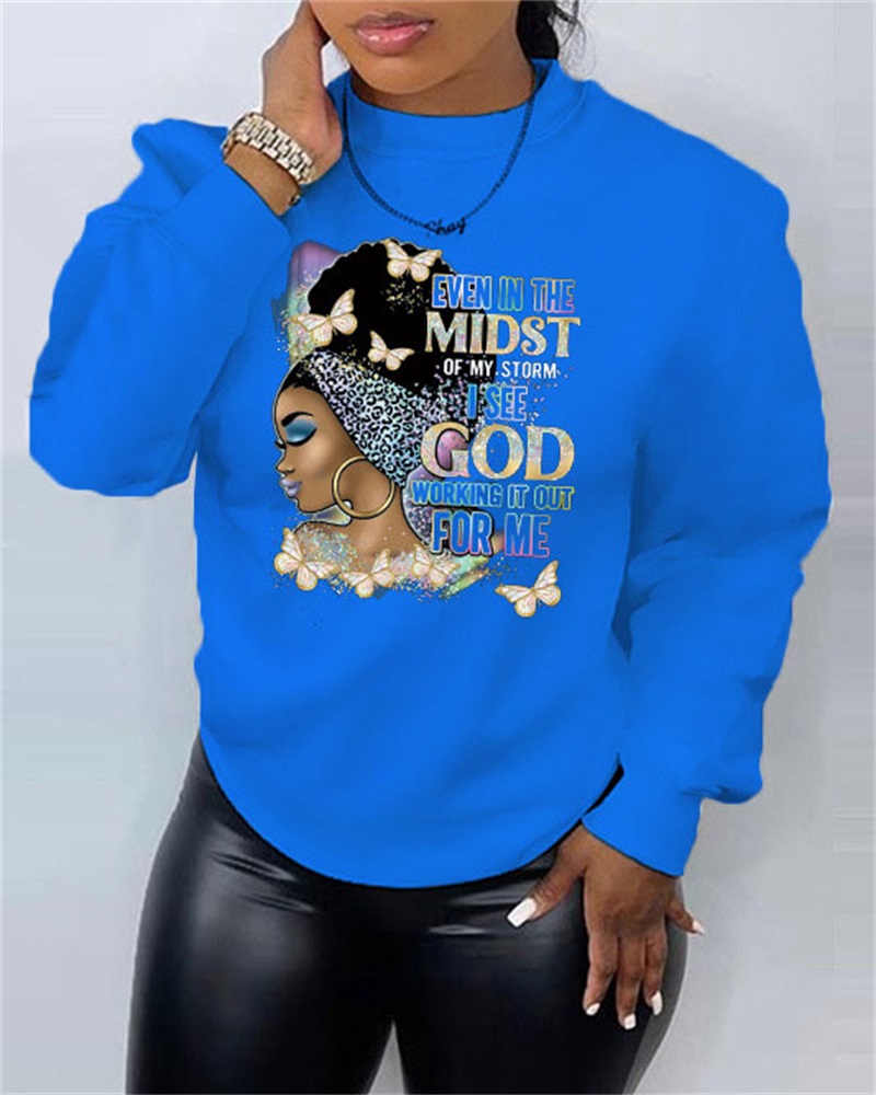 

Figure Letter Butterfly Print Long Sleeve Sweatshirt, Blue