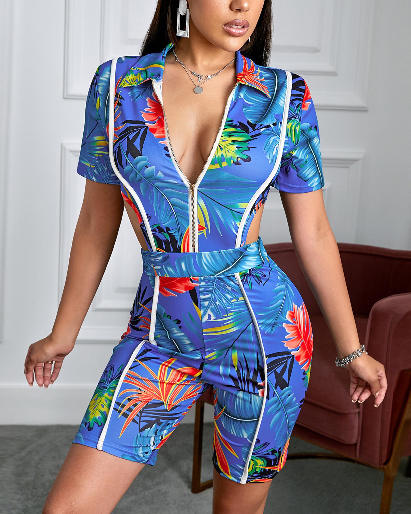 

Tropical Print Cutout Zipper Design Fitted Romper, Blue