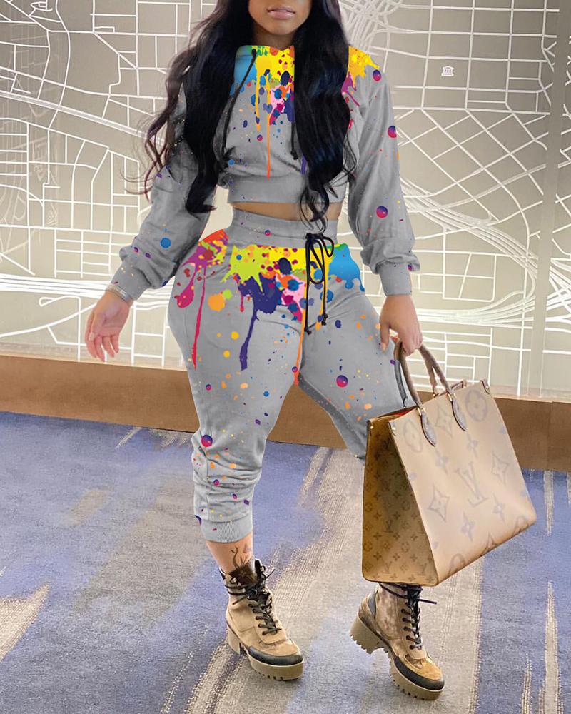 

Ink Splash Print Long Sleeve Hooded Sweatshirt & Pants Set, Gray