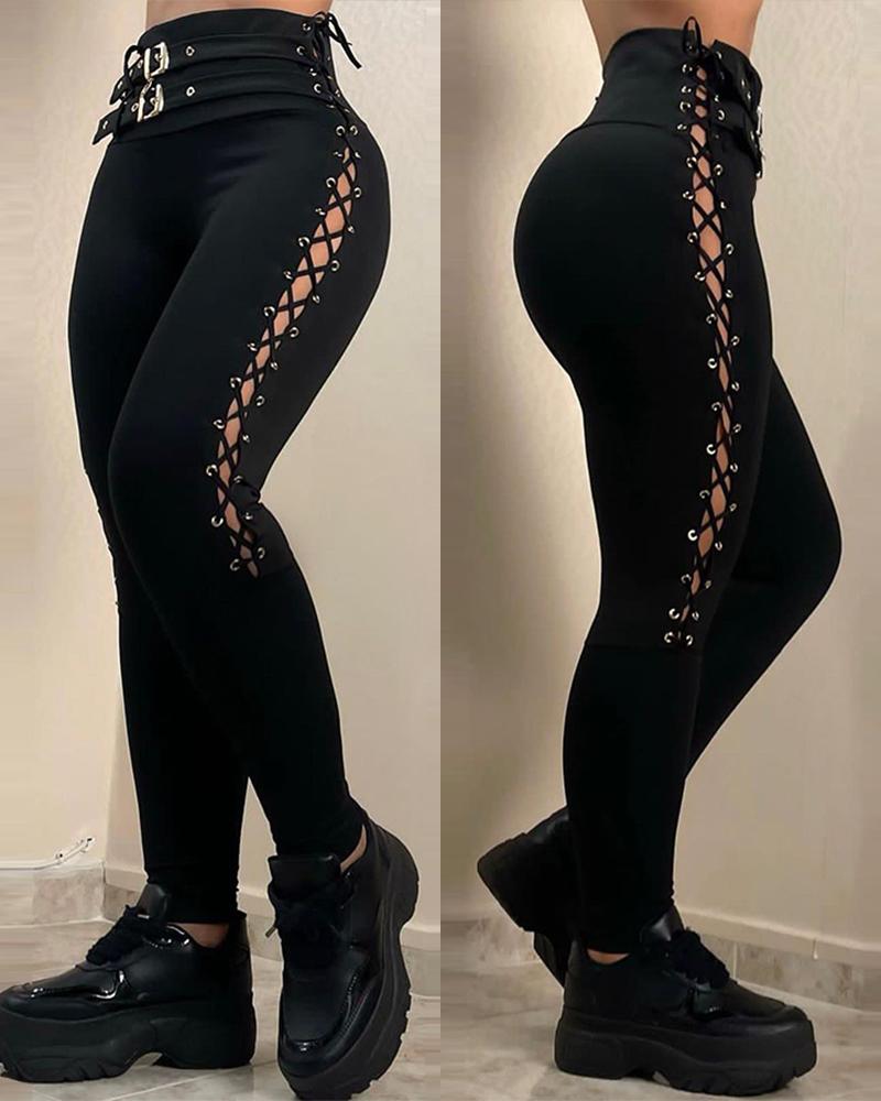 

Grommet Eyelet Lace-up Buckled High Waist Skinny Pants, Black