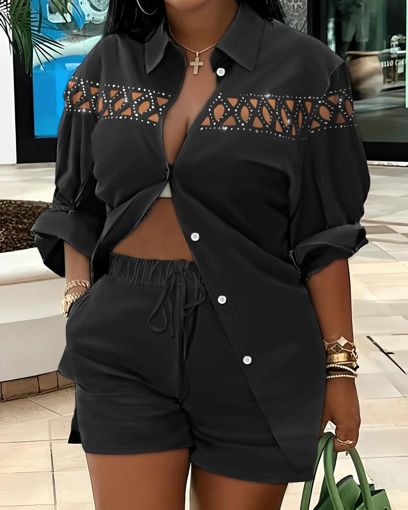 

Rhinestone Decor Hollow Out Shirt & Shorts Set, Black
