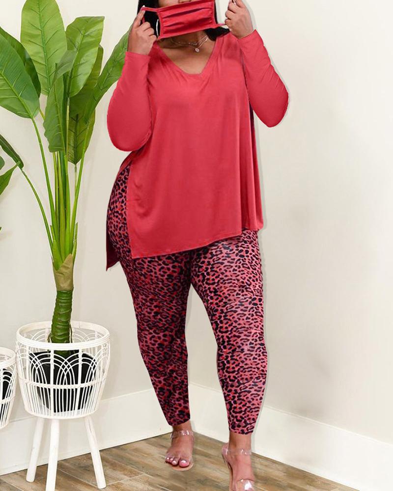 

Plus Size Split Hem Top & Leopard Print Pants Set, Pink