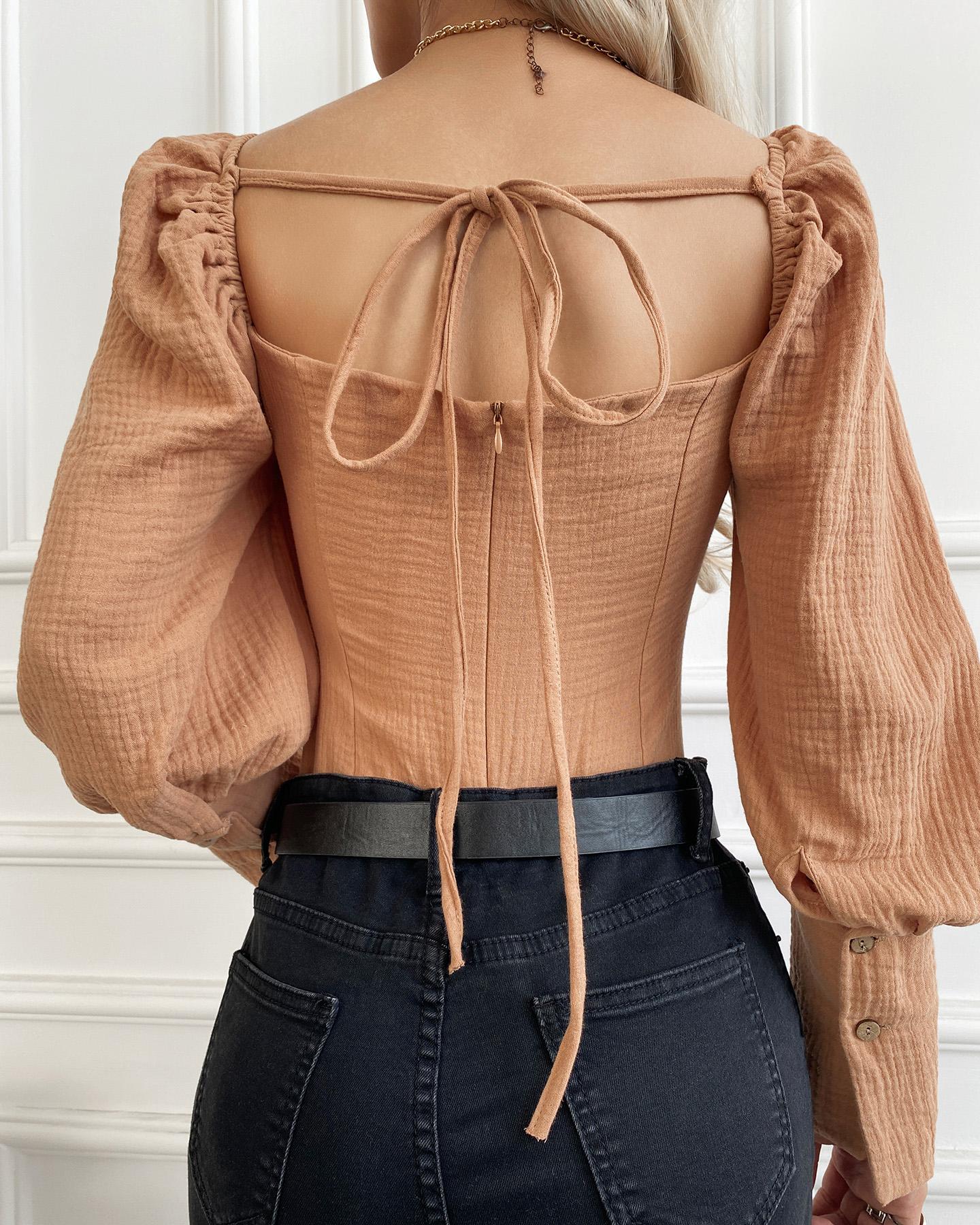 

Puff Sleeve Tied Detail Zip Back Top, Khaki
