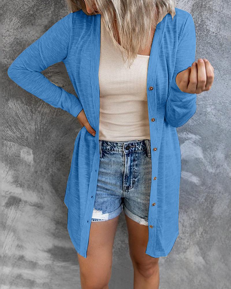 

Plus Size Button Front Long Sleeve Coat, Blue