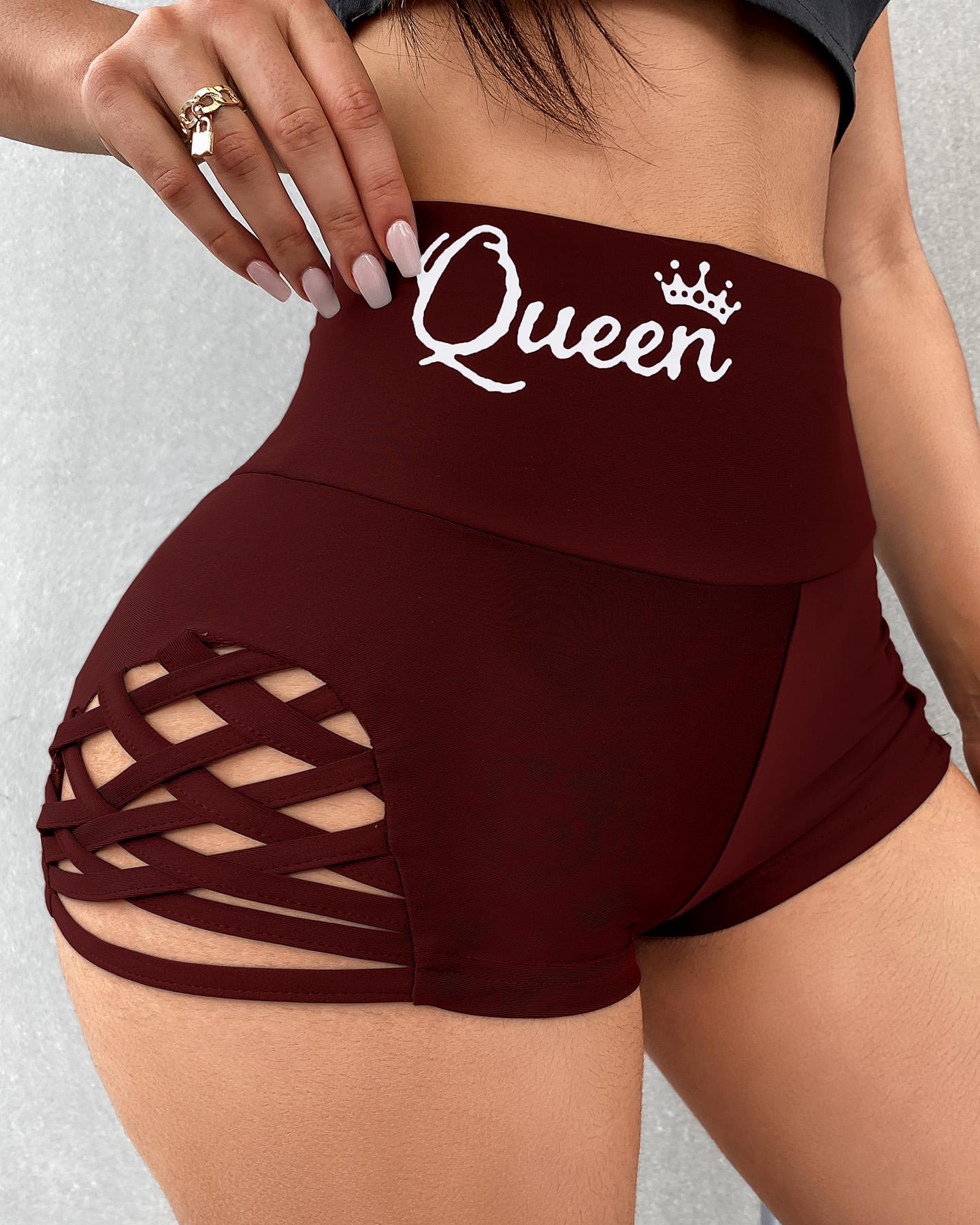 

Letter Print Bandage Cutout High Waist Shorts, Wine red