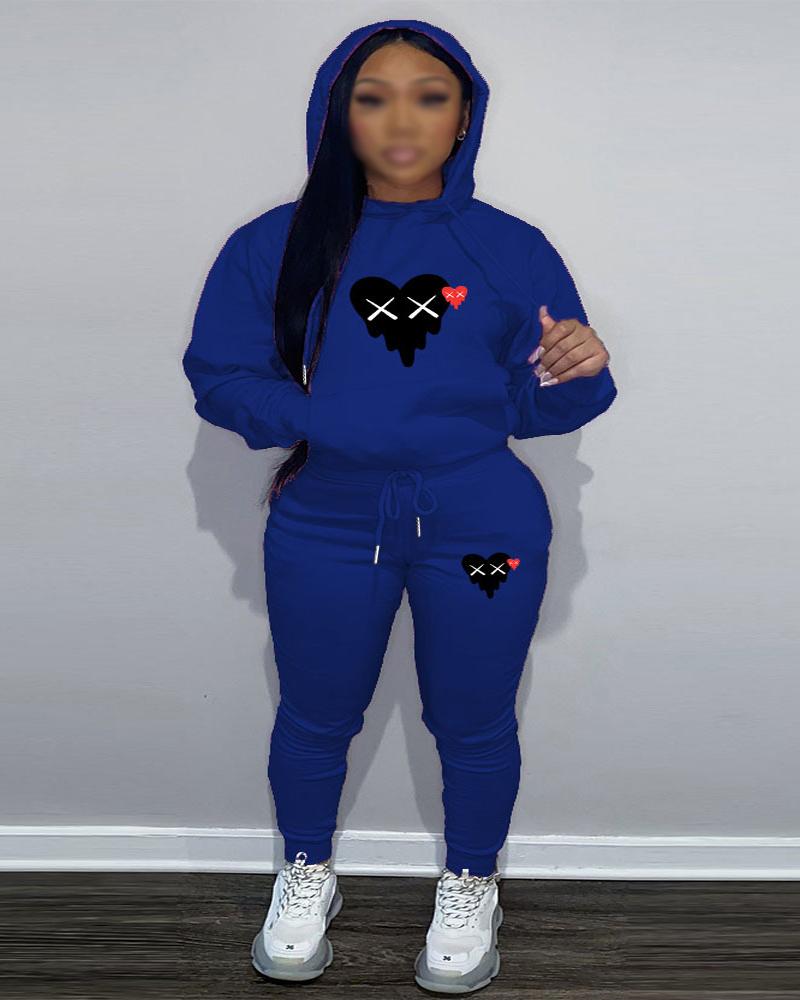 

Plus Size Heart Print Casual Hoodie & Pants Set, Blue