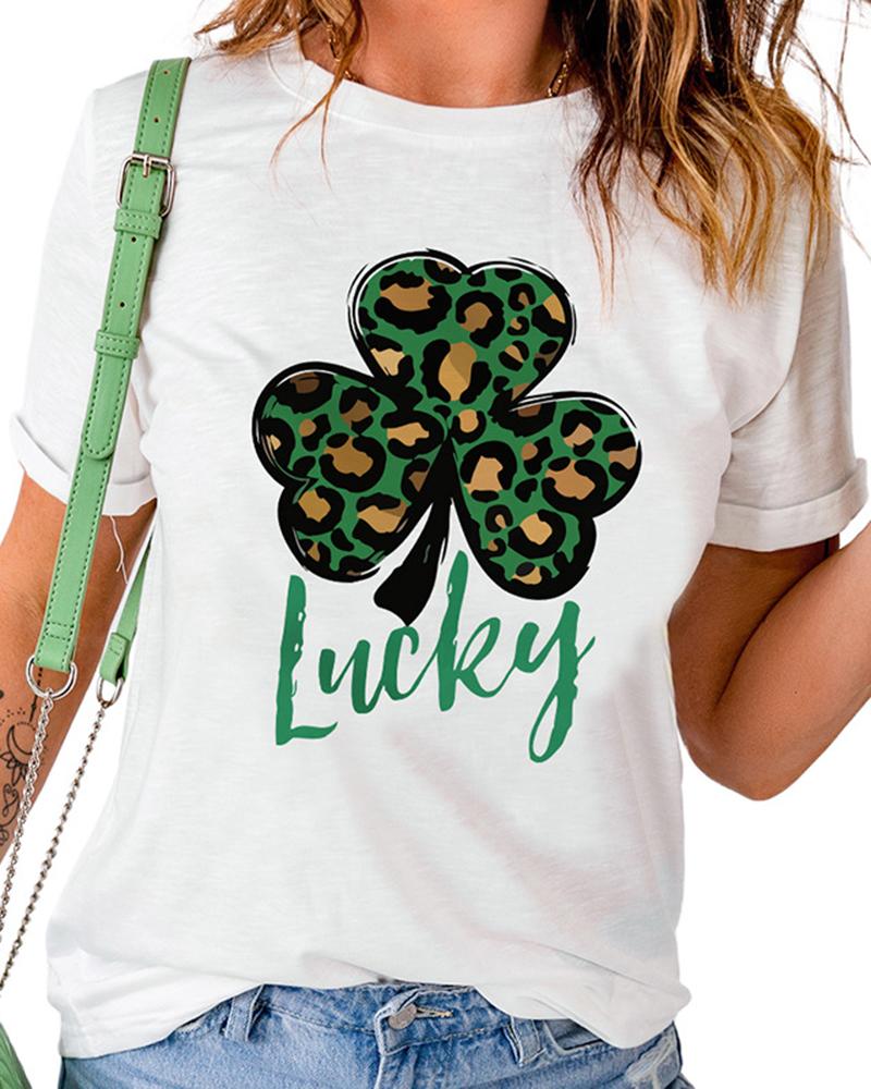 

St. Patrick' Day Letter Clover Print Casual T-shirt, Style3