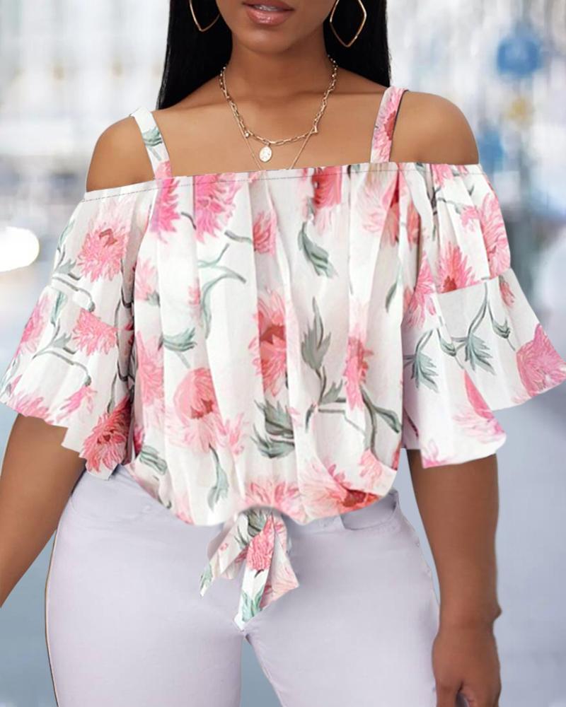 

Plus Size Floral Print Cold Shoulder Ruffles Top, Pink