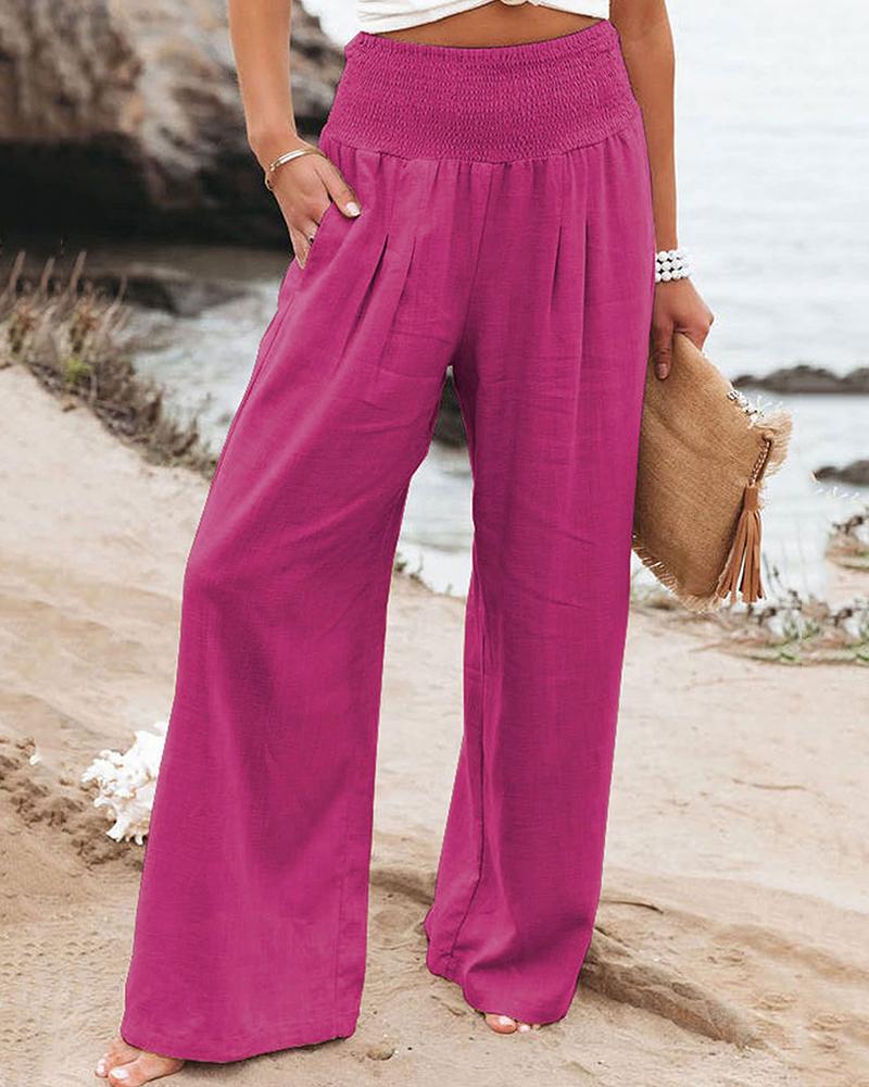 

Gathered Waist Pocket Design Wide Leg Pants, Hot pink