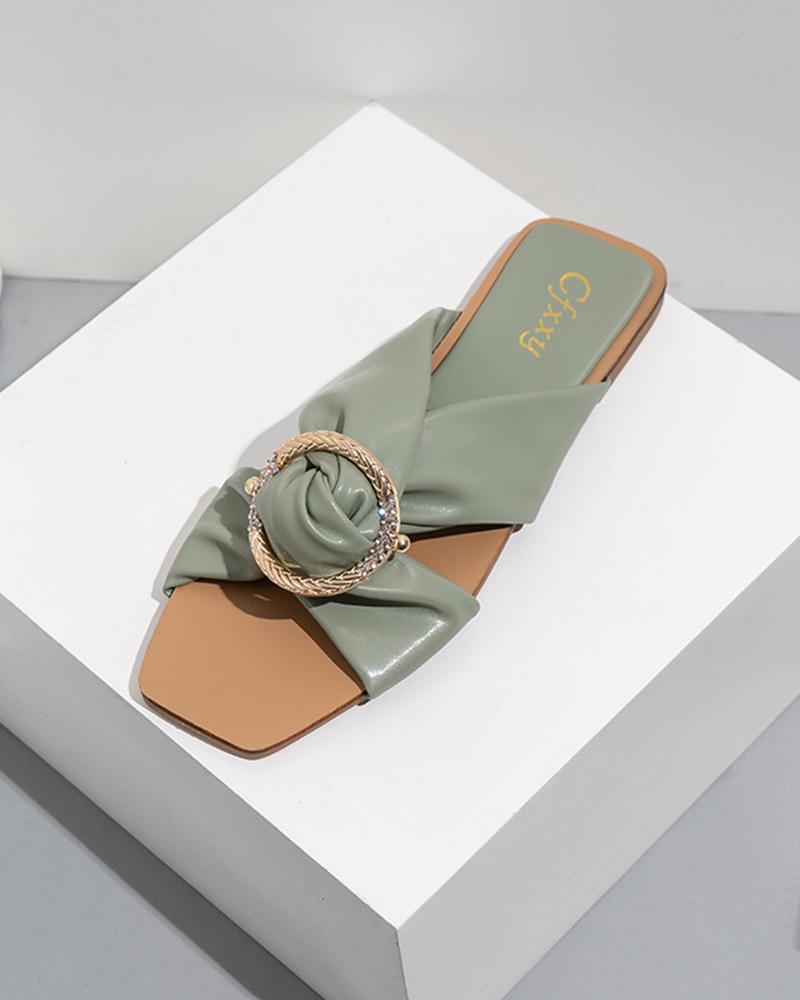 

Square Toe Casual Cross Strap Flat Slippers, Green