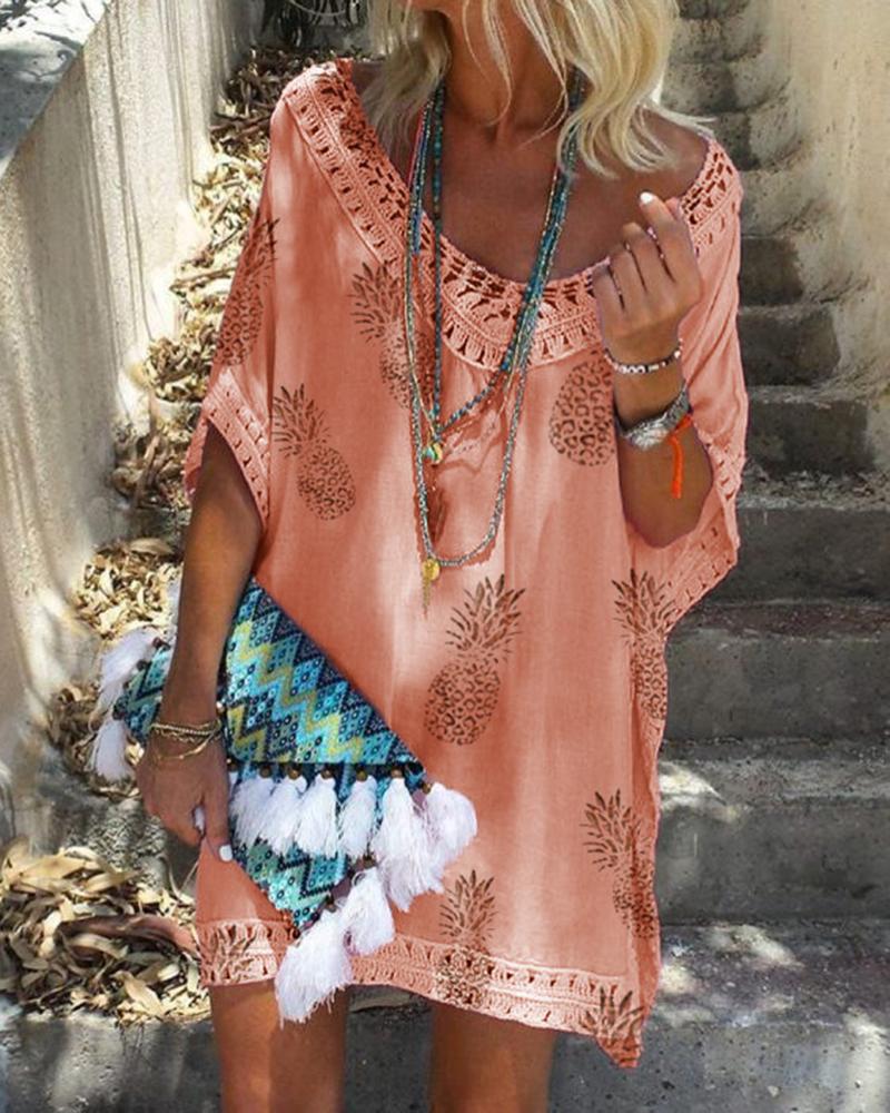 

V-Neck Short Sleeve Lace Patchwork Floral Printed Dress, Pink