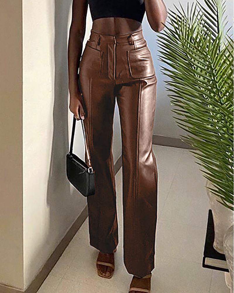 

PU Leather High Waist Pocket Design Pants, Brown