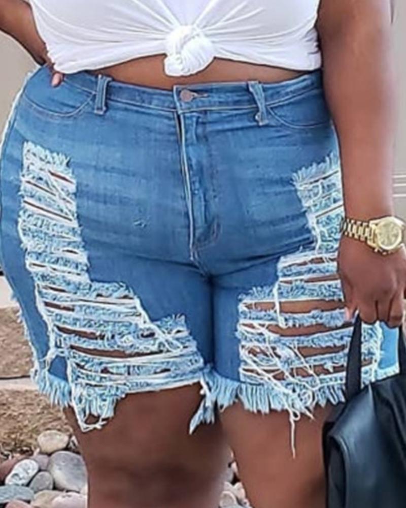 

Solid Ripped Skinny Ripped Denim Shorts, Light blue