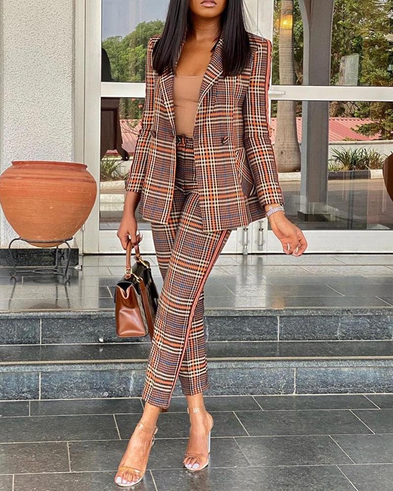 

Long Sleeve Plaid Print Button Decor Blazer Coat, Brown