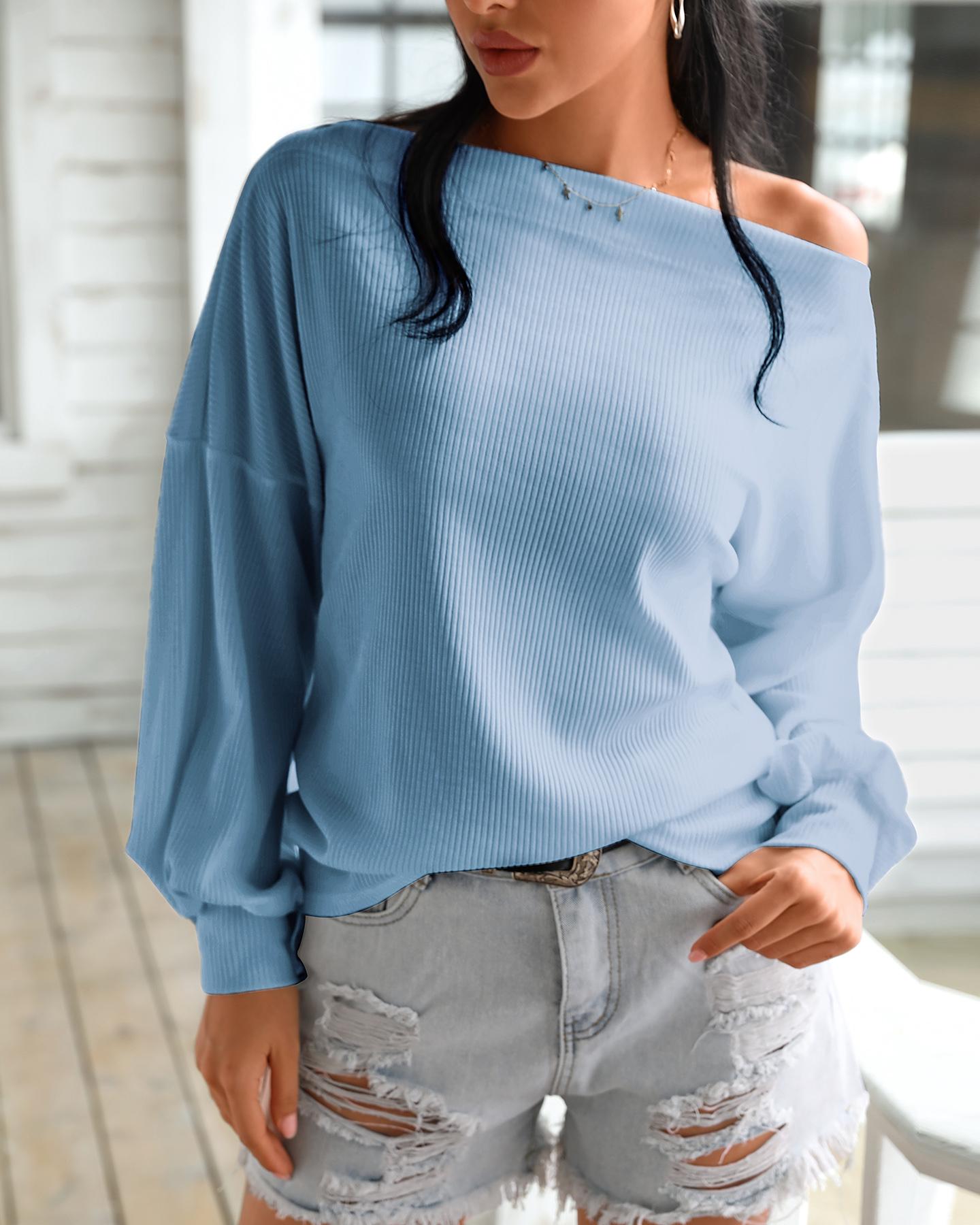 

Off Shoulder Lantern Sleeve Ribbed Sweater, Blue