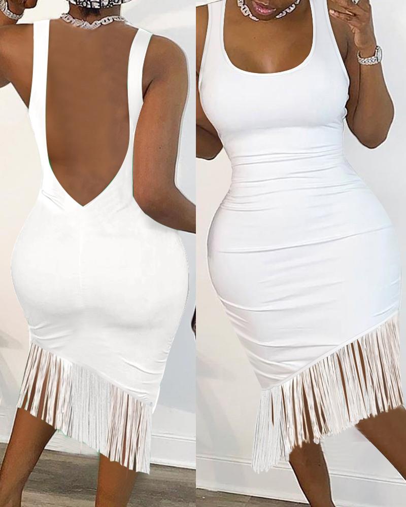 

Backless Sleeveless Tassel Design Bodycon Dress, White