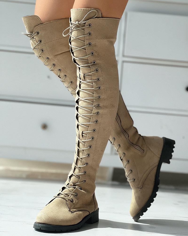 

Eyelet Lace-up Over The Knee Boots, Khaki