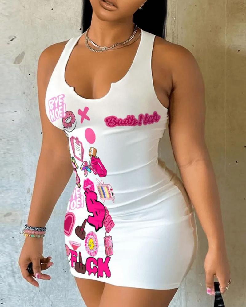

Cartoon Graphic Letter Pattern Notch Neck Bodycon Dress, White
