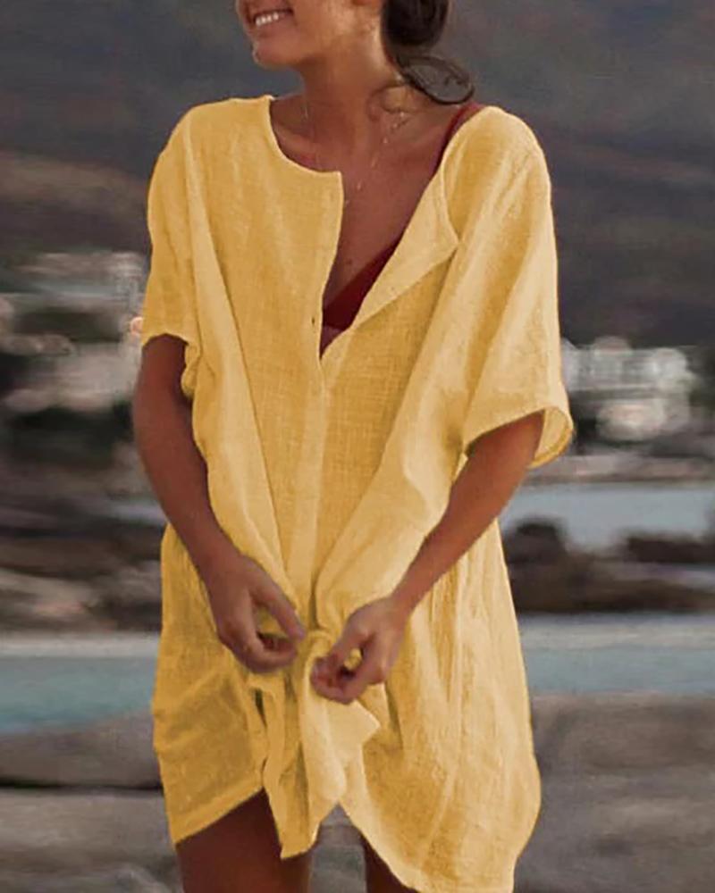 

Half Sleeve Button Design T-shirt Dress, Yellow