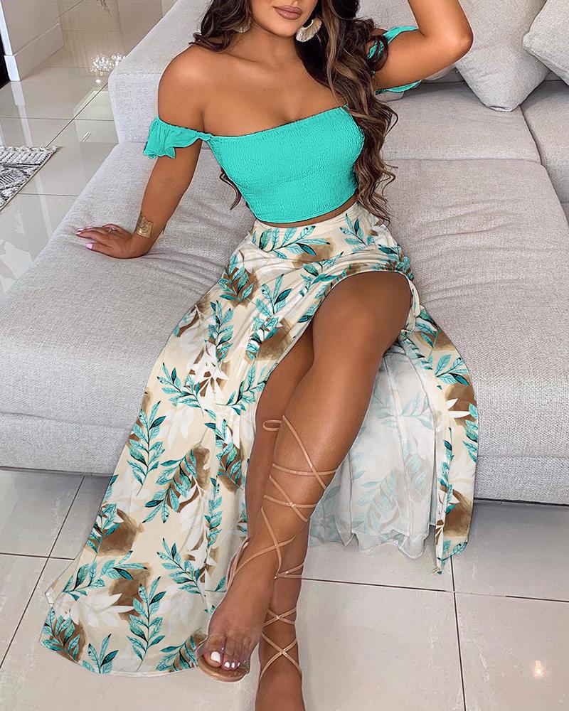 

Off Shoulder Shirred Crop Top & Plants Print Split Thigh Skirt Set, Green
