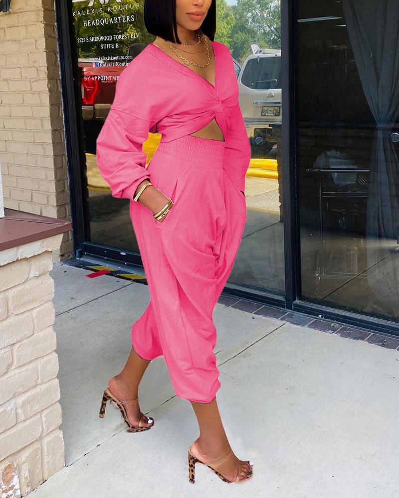 

Long Sleeve Twist Crop Top & High Waist Pocket Pants Set, Pink