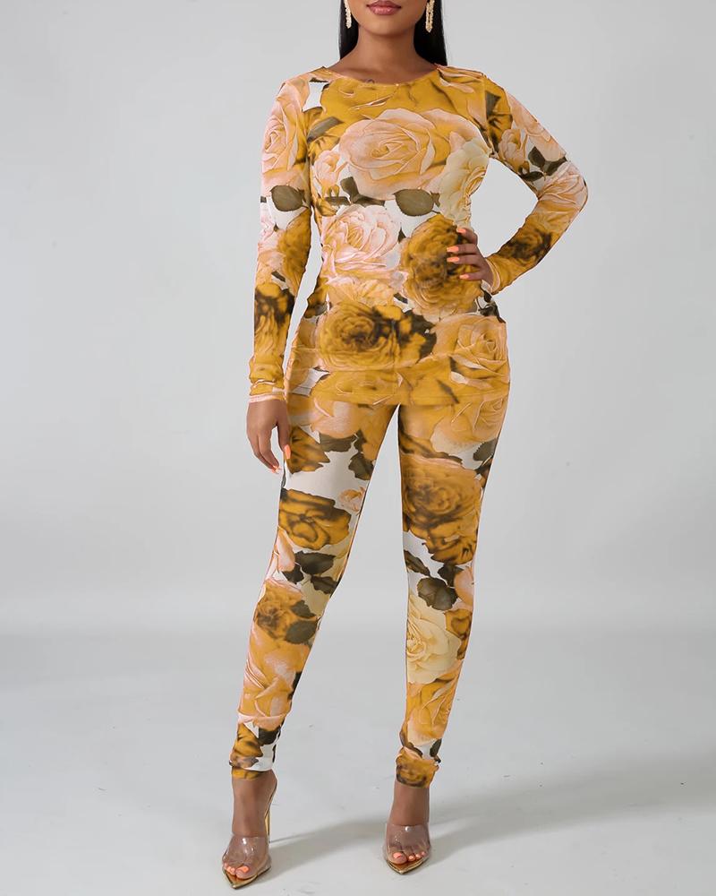 

Round Neck Floral Print Long Sleeve Top & Pants Sets, Yellow