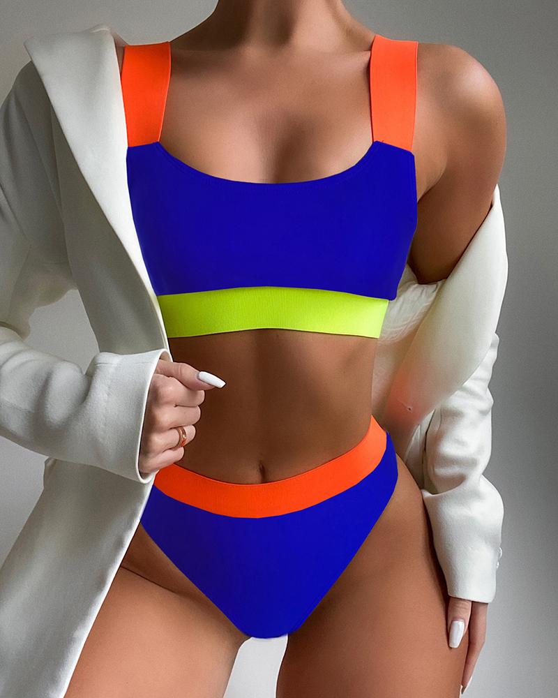 

Colorblock High Waist Casual Bikini Set, Blue