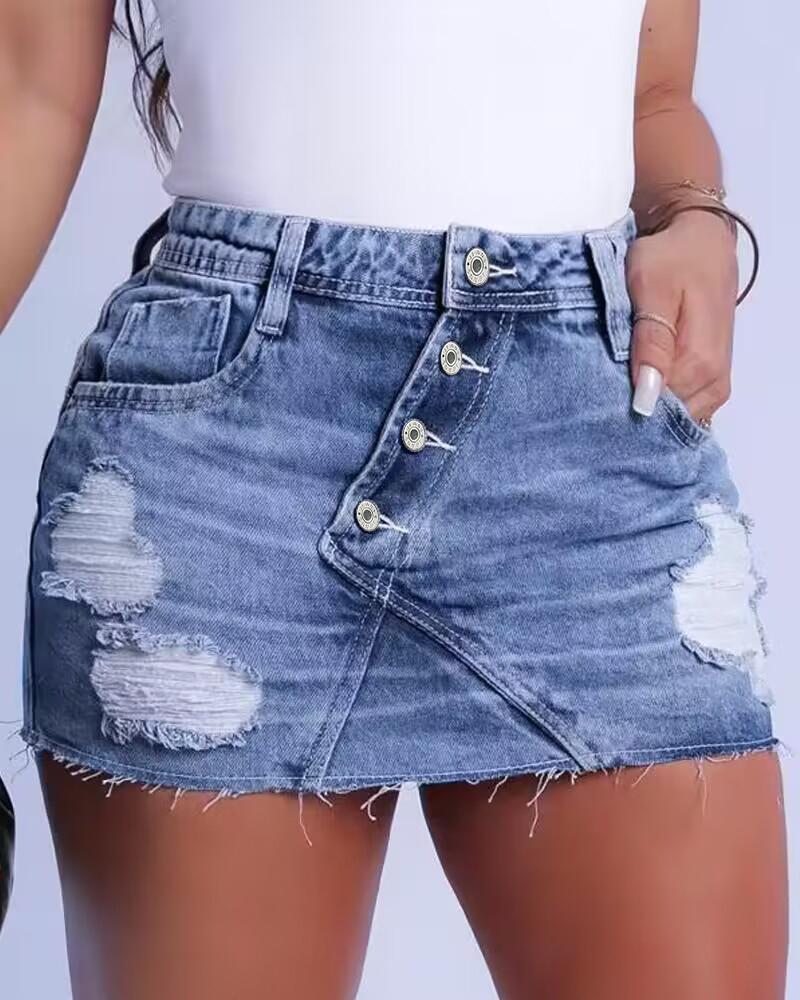 

Button Fly Ripped Denim Skirt, Blue