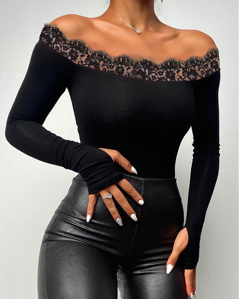 

Eyelash Lace Trim Off Shoulder Top, Black