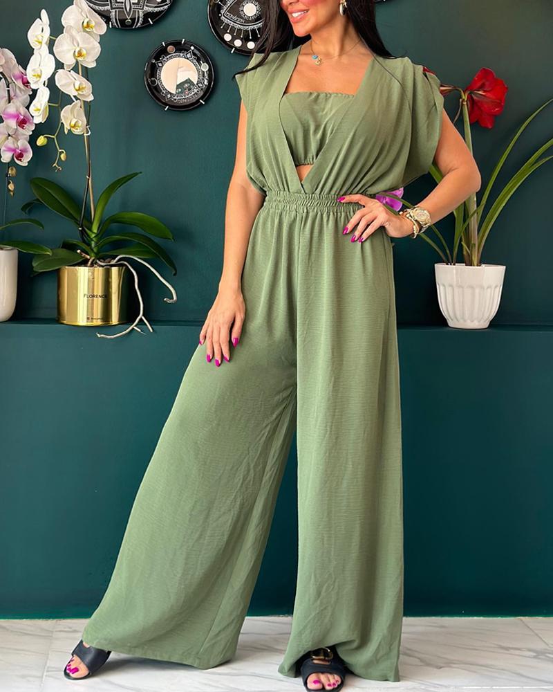 

Bawing Sleeve Bandeau Top & Jumpsuit Set, Green