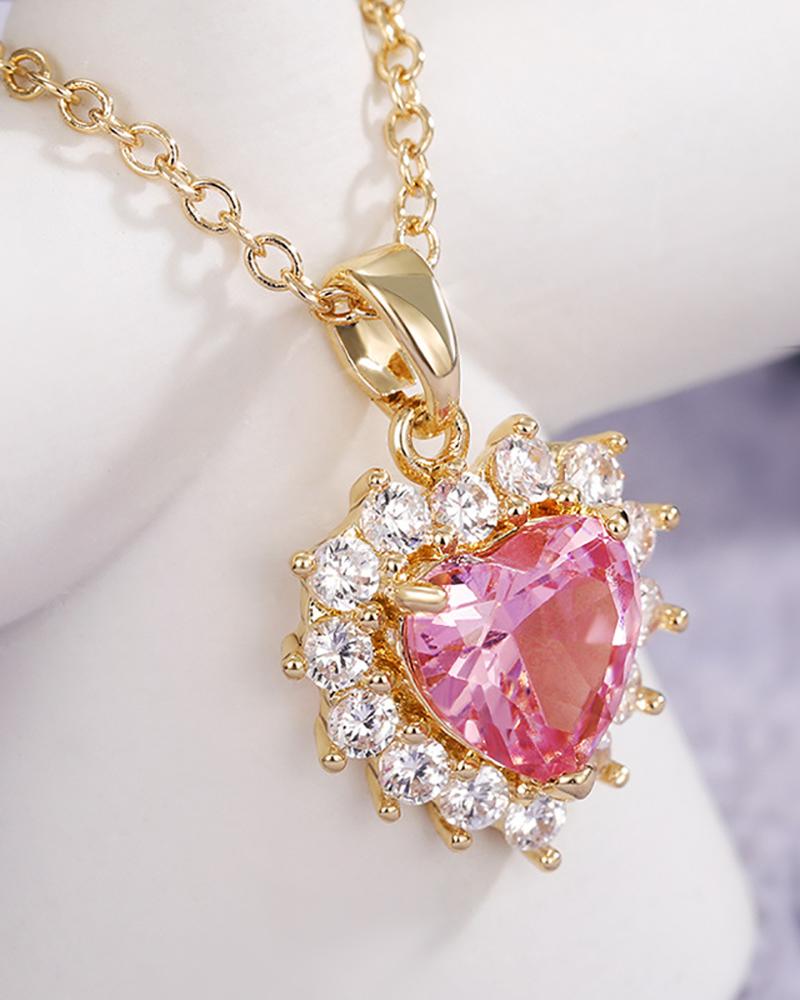 

Heart Shaped Rhinestone Pendant Chain Necklace, Pink