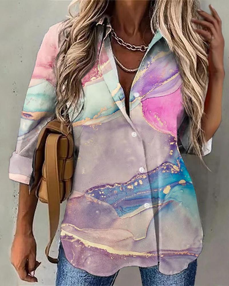 

Marble Print Long Sleeve Button Down Shirt, Multicolor