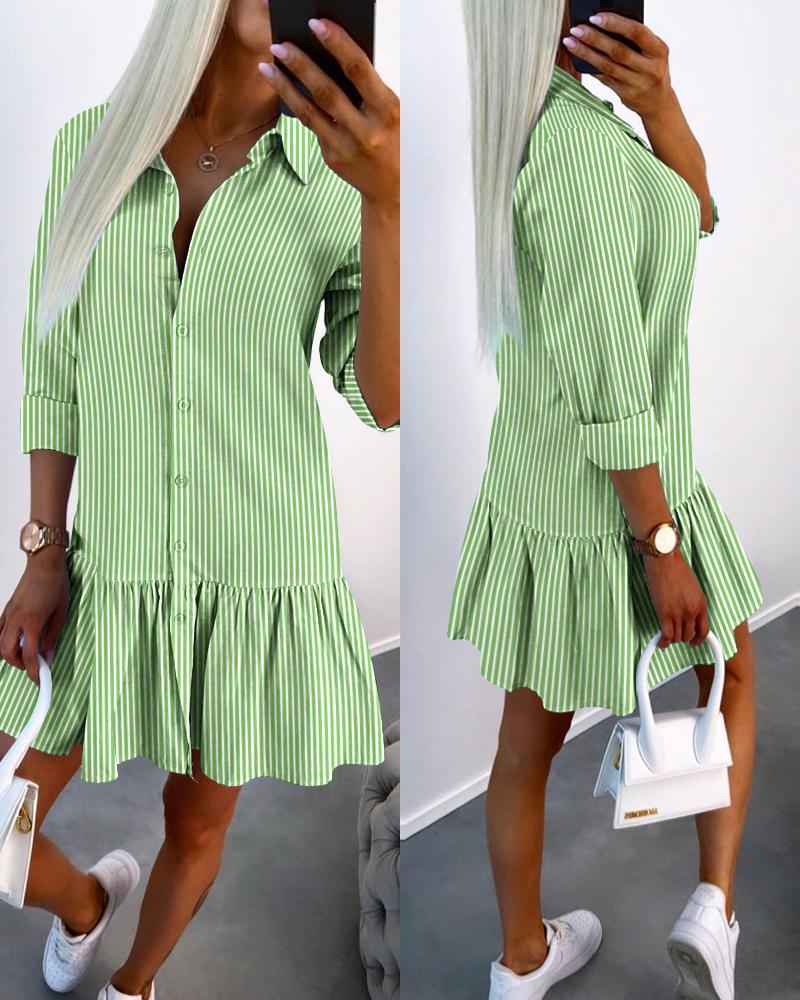 

Striped Ruffle Hem Buttoned Shirt Dress, Green