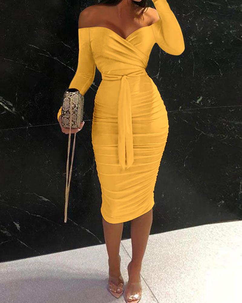 

Off Shoulder Ruched Belted Bodycon Dress, Yellow