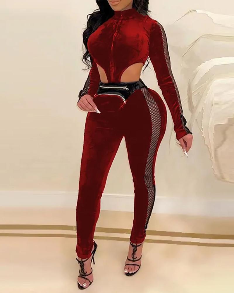

Velvet Fishnet Patch Cutout Zipper Design Long Sleeve Jumpsuit, Wine red