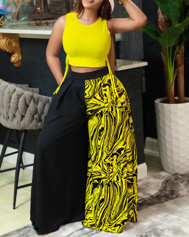

Ribbed Crop Tank Top & Colorblock Wide Leg Pants Set, Yellow