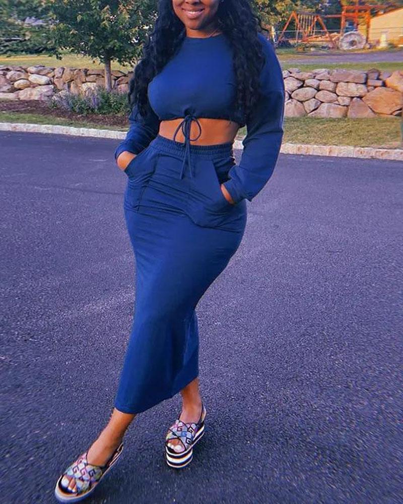

Long Sleeve Drawstring Crop Top & Split Thigh Skirt Set, Blue