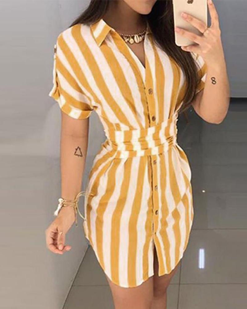 

Short Sleeve Striped Print Shirt Dress, Yellow
